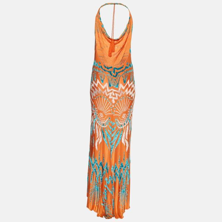 Pre Owned Class by Roberto Cavalli Orange Jersey Velvet Textured Halter Neck Maxi Dress L