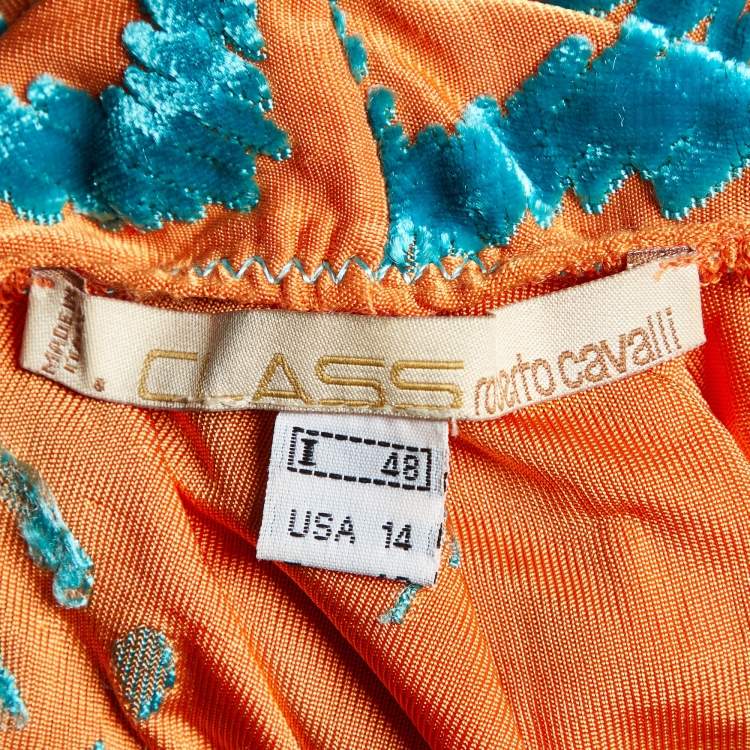 Pre Owned Class by Roberto Cavalli Orange Jersey Velvet Textured Halter Neck Maxi Dress L
