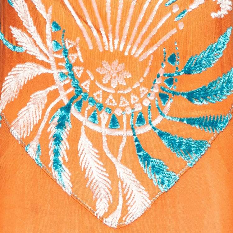 Pre Owned Class by Roberto Cavalli Orange Jersey Velvet Textured Halter Neck Maxi Dress L