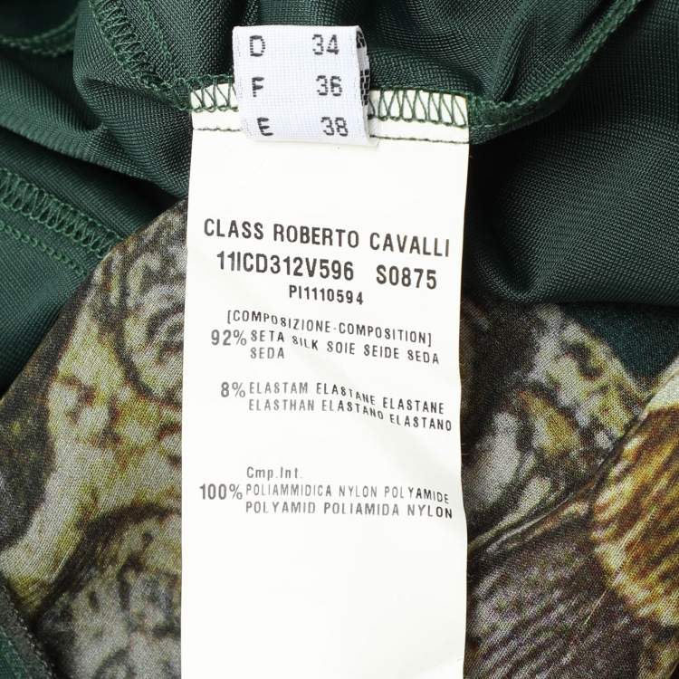 Pre Owned Class by Roberto Cavalli Green Printed Silk Lace Halter Neck Dress M