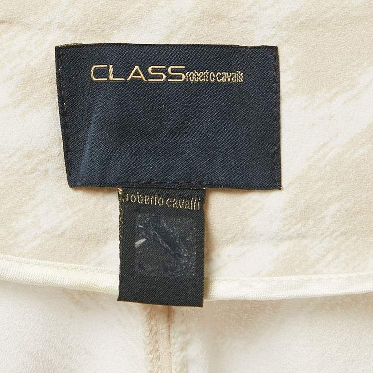 Pre Owned Class by Roberto Cavalli Beige/White Printed Crepe Belted Pants S
