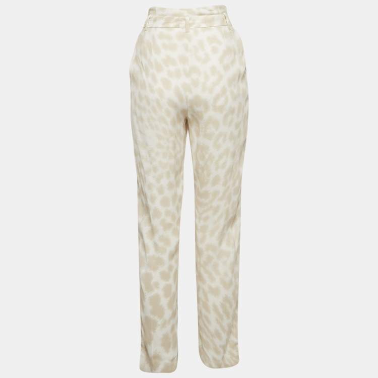 Pre Owned Class by Roberto Cavalli Beige/White Printed Crepe Belted Pants S