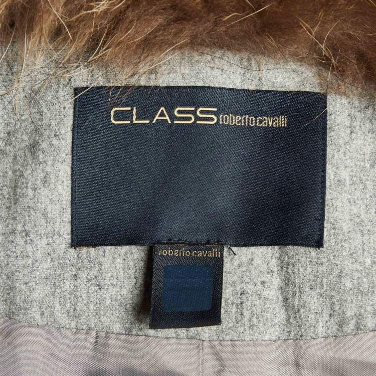 Pre Owned Class by Roberto Cavalli Grey Wool Fur Collar Zip Up Jacket M
