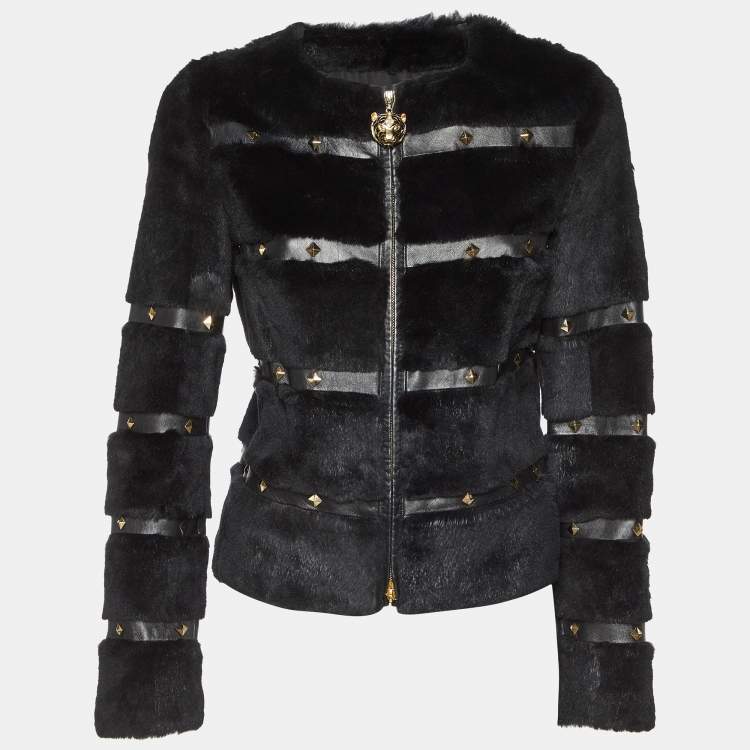 Pre Owned Class by Roberto Cavalli Black Fur & Faux Leather Studded Jacket M