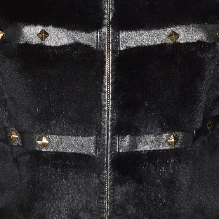 Pre Owned Class by Roberto Cavalli Black Fur & Faux Leather Studded Jacket M