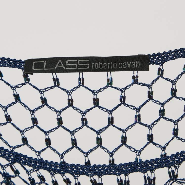 Pre Owned Class by Roberto Cavalli Blue Beaded Mesh Crochet Sheer Mini Dress M