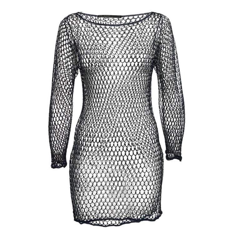 Pre Owned Class by Roberto Cavalli Blue Beaded Mesh Crochet Sheer Mini Dress M
