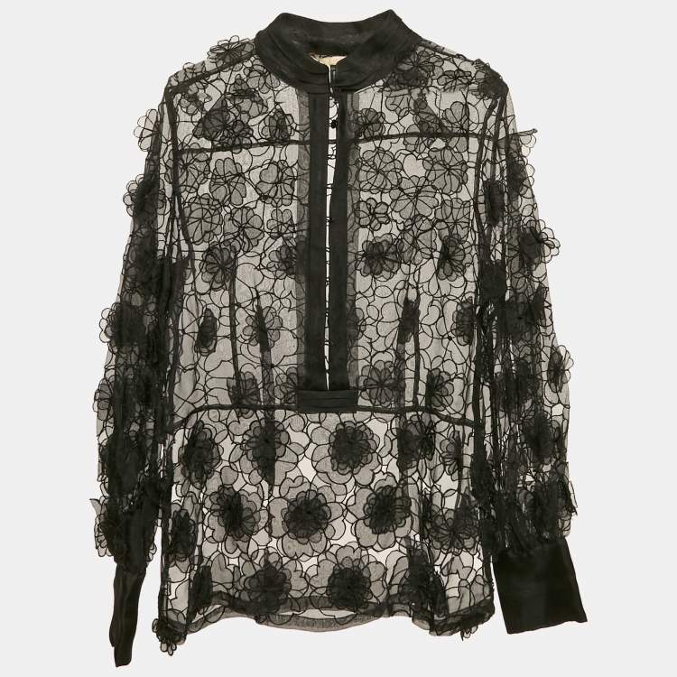 Pre Owned Class by Roberto Cavalli Black Organza Floral Applique and Cut-Out Sheer Blouse M