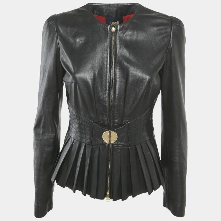 Pre Owned Class by Roberto Cavalli Black Leather Pleated Jacket M