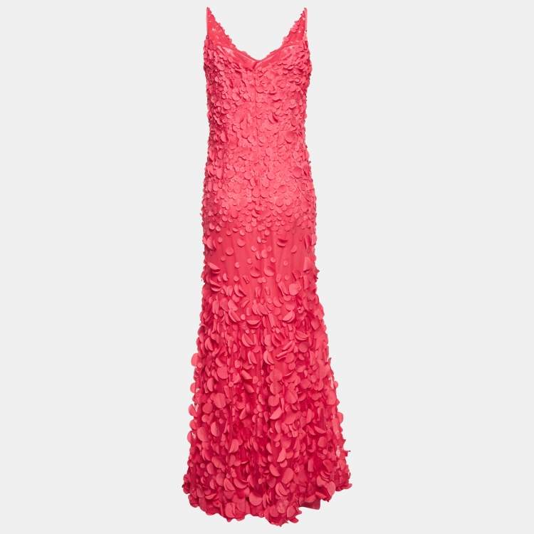 Pre Owned Class by Roberto Cavalli Pink Applique Detail Tulle Sleeveless Maxi Dress L 