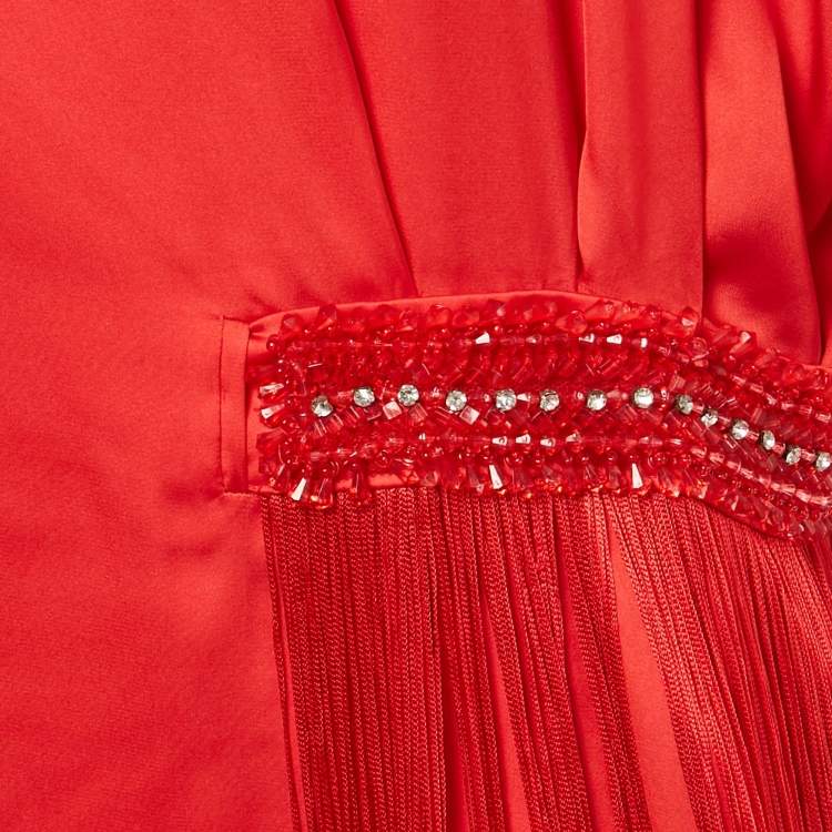 Pre Owned Class by Roberto Cavalli Red Satin Fridge Detail Tunic Mini Dress M