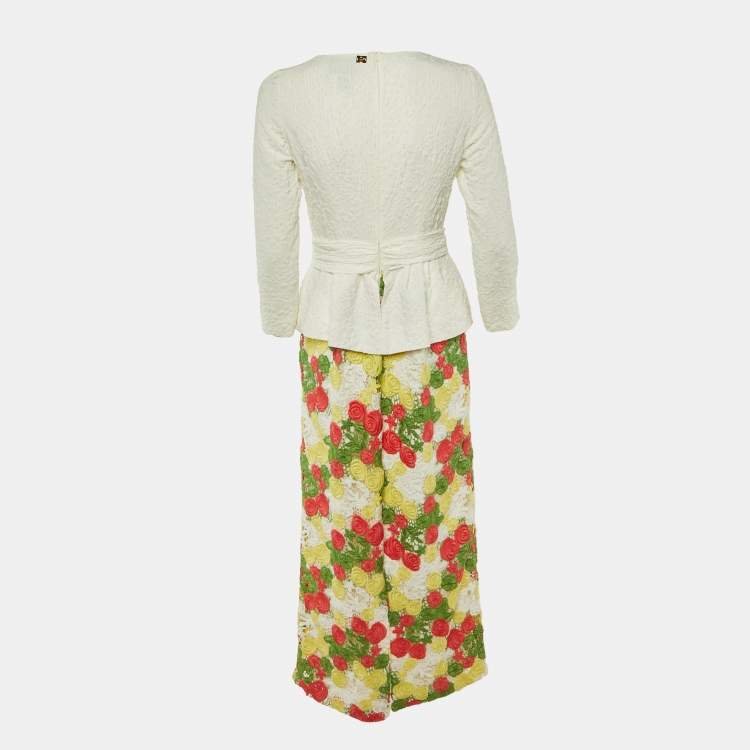 Pre Owned Class by Roberto Cavalli White Crepe & Floral Lace Peplum Maxi Dress M