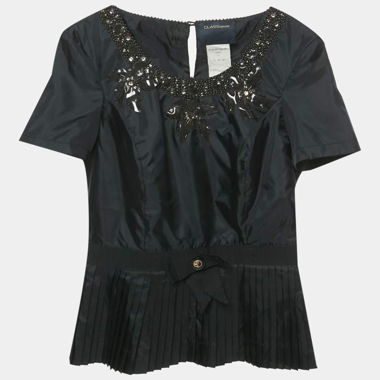 Pre Owned Class by Roberto Cavalli Black Embellished Synthetic Bow Detail Top M