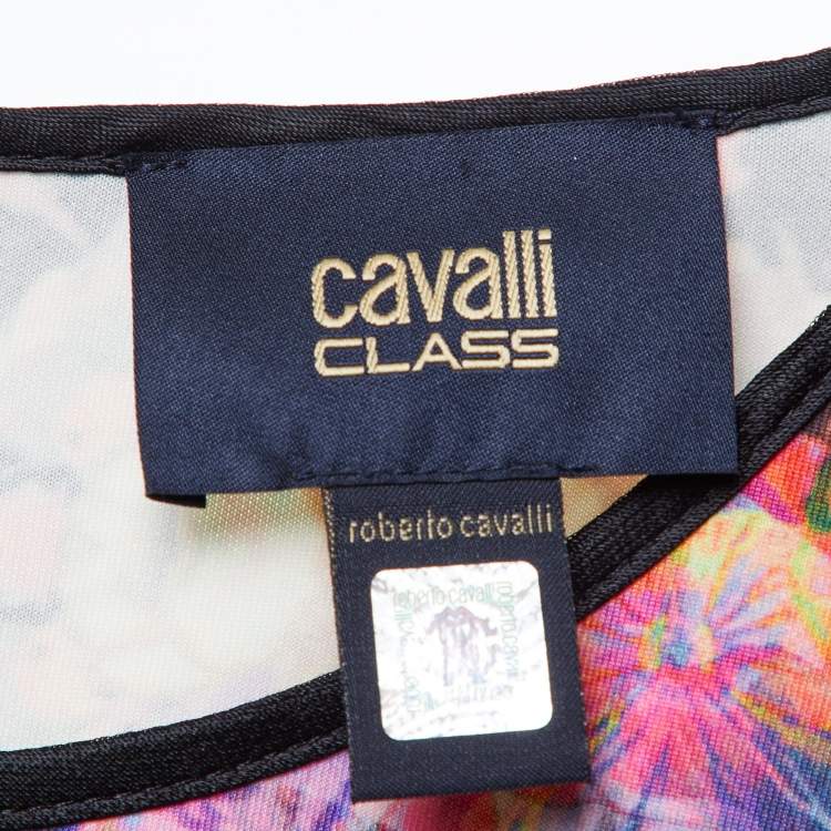 مملوكة مسبقًا Class by Roberto Cavalli Black /White Floral Print Jersey Mesh Detail Mini Dress S 