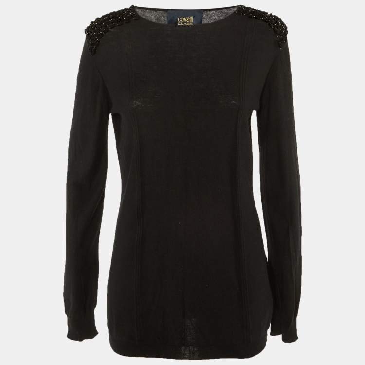 Pre Owned Class by Roberto Cavalli Black Wool Blend Embellished Detail Top L