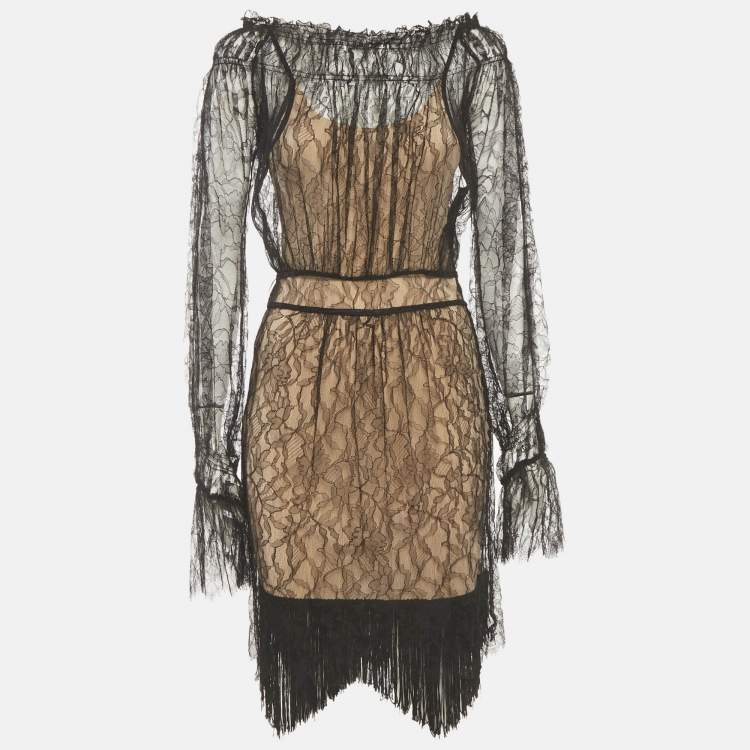 Pre Owned Class by Roberto Cavalli Black/Beige Sheer Lace Off Shoulder Dress M
