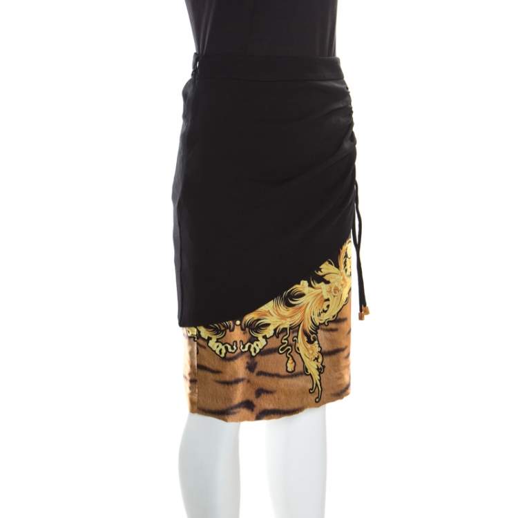 Pre Owned Class By Roberto Cavalli Black Printed Ruched Detail Layered Midi Skirt M