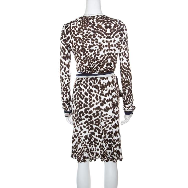 Pre Owned Class by Roberto Cavalli White Leopard Printed Knit Long Sleeve Wrap Dress M