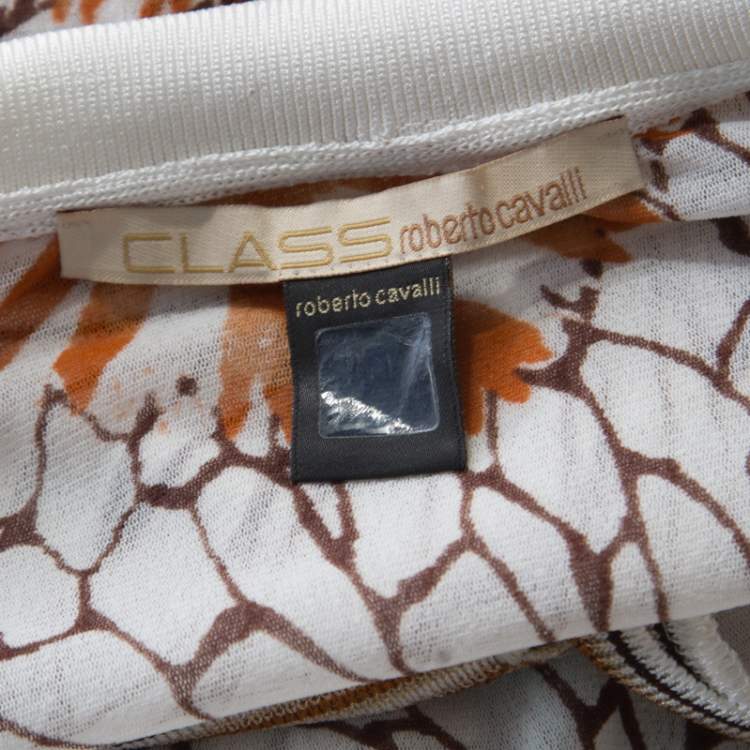 مملوكة مسبقًا Class by Roberto Cavalli Off White Floral Printed Sheer Ribbed Trim Top M