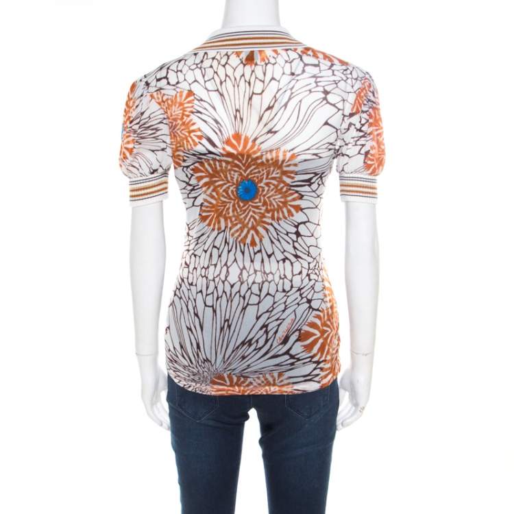 مملوكة مسبقًا Class by Roberto Cavalli Off White Floral Printed Sheer Ribbed Trim Top M