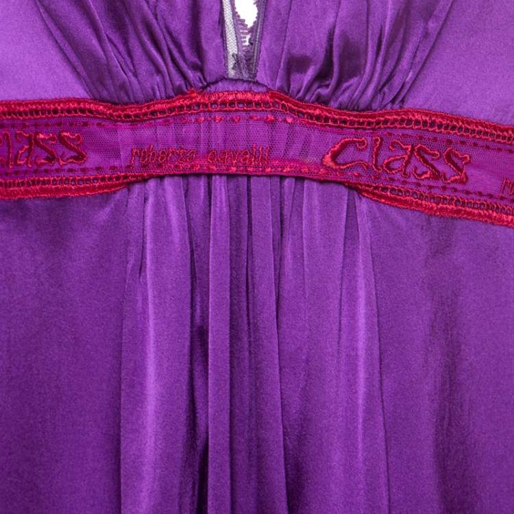 Pre Owned Class by Roberto Cavalli Purple Satin Embroidered Waist Detail Plunge Neck Dress M