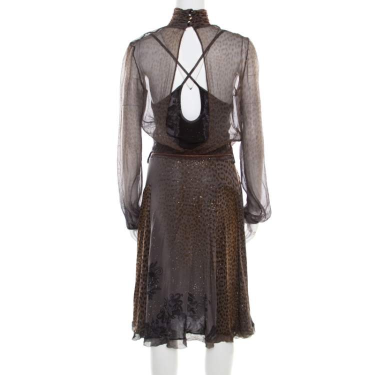 Pre Owned Class by Roberto Cavalli Grey Animal Printed Glitter Detail Cutout Back Dress M