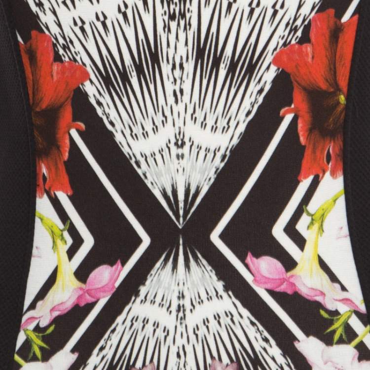 Pre Owned Roberto Cavalli Black Jacquard Contrast Printed Panel Short Sleeve Dress M