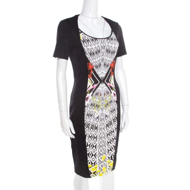 Pre Owned Roberto Cavalli Black Jacquard Contrast Printed Panel Short Sleeve Dress M