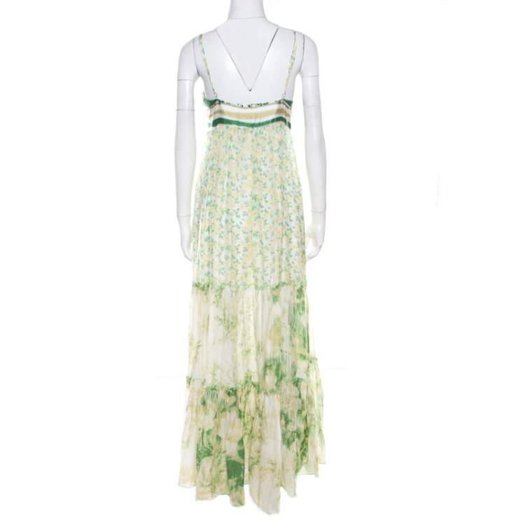Pre Owned Class by Roberto Cavalli Green and White Printed Ruffled Detail Sleeveless Maxi Dress M