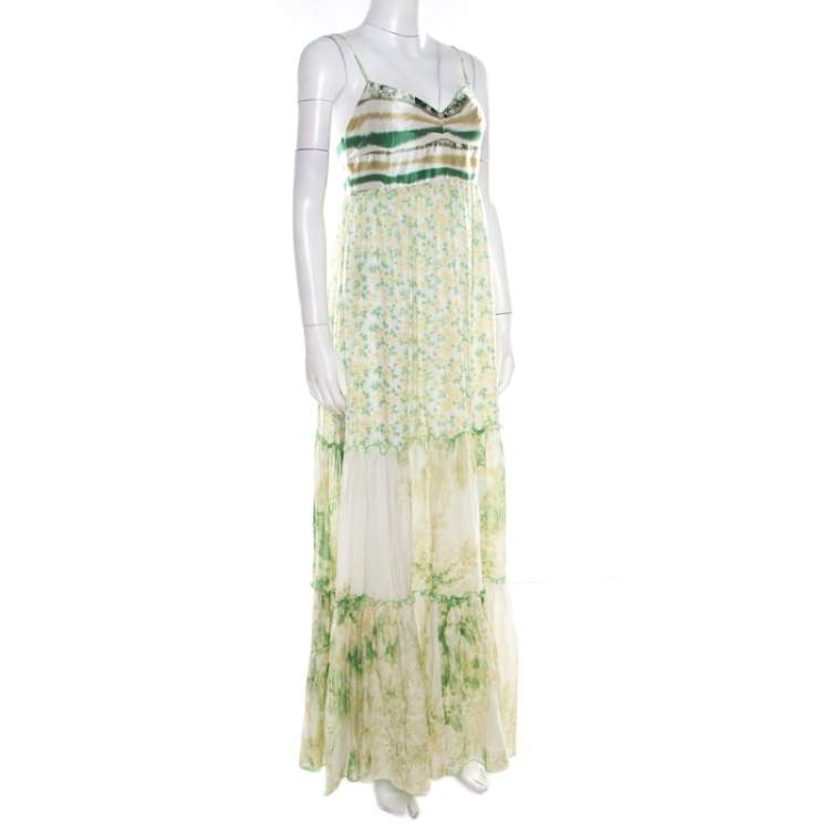 Pre Owned Class by Roberto Cavalli Green and White Printed Ruffled Detail Sleeveless Maxi Dress M