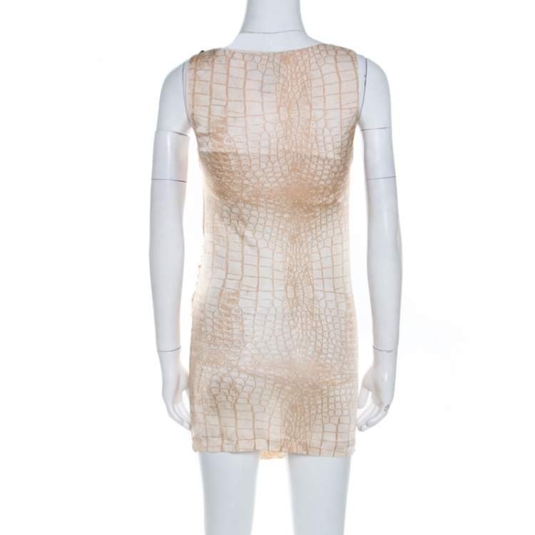 Pre Owned Class by Roberto Cavalli Beige Snakeskin Printed Leather Trim Ruched Fitted Dress M