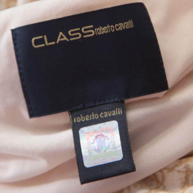 Pre Owned Class by Roberto Cavalli Beige Snakeskin Printed Leather Trim Ruched Fitted Dress M