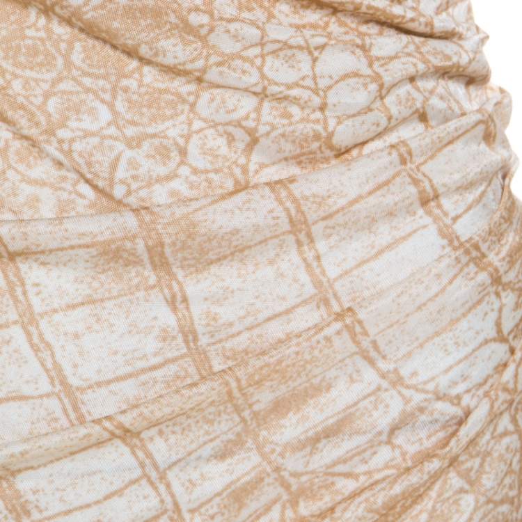 Pre Owned Class by Roberto Cavalli Beige Snakeskin Printed Leather Trim Ruched Fitted Dress M