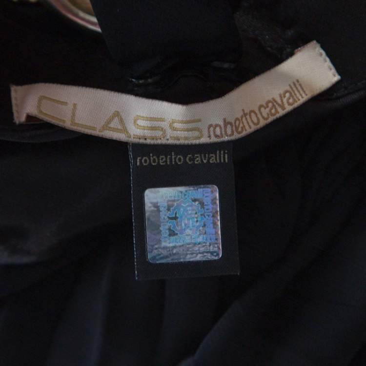 Pre Owned Class By Roberto Cavalli Black Pleated Chiffon Gold Chain Strap Detail Maxi Dress M 
