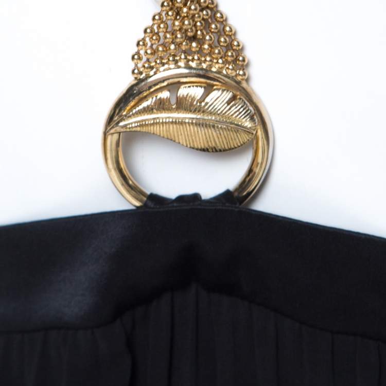 Pre Owned Class By Roberto Cavalli Black Pleated Chiffon Gold Chain Strap Detail Maxi Dress M 