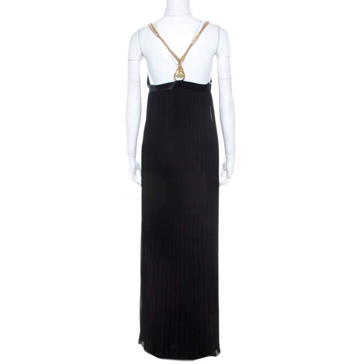 Pre Owned Class By Roberto Cavalli Black Pleated Chiffon Gold Chain Strap Detail Maxi Dress M 