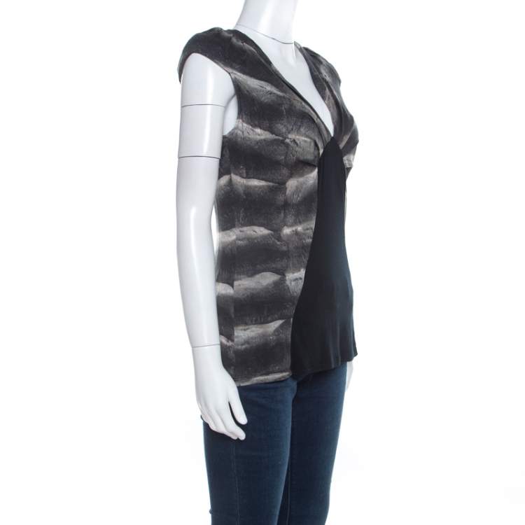 Pre Owned Class by Roberto Cavalli Black Fur Printed Cotton Cap Sleeve Top M 