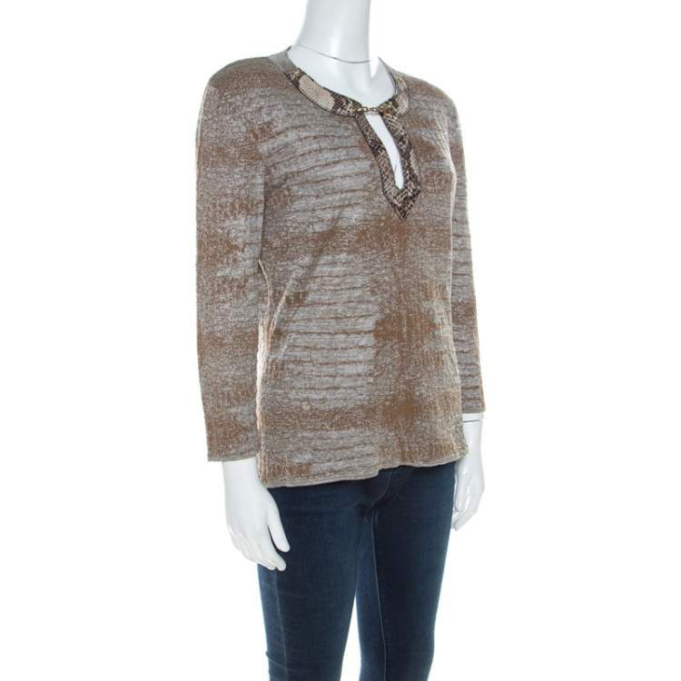 Pre Owned Class by Roberto Cavalli Brown & Grey Snake Pattern Snakeskin Neck Detail Knit Top L