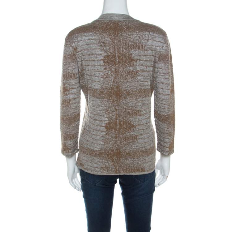 Pre Owned Class by Roberto Cavalli Brown & Grey Snake Pattern Snakeskin Neck Detail Knit Top L