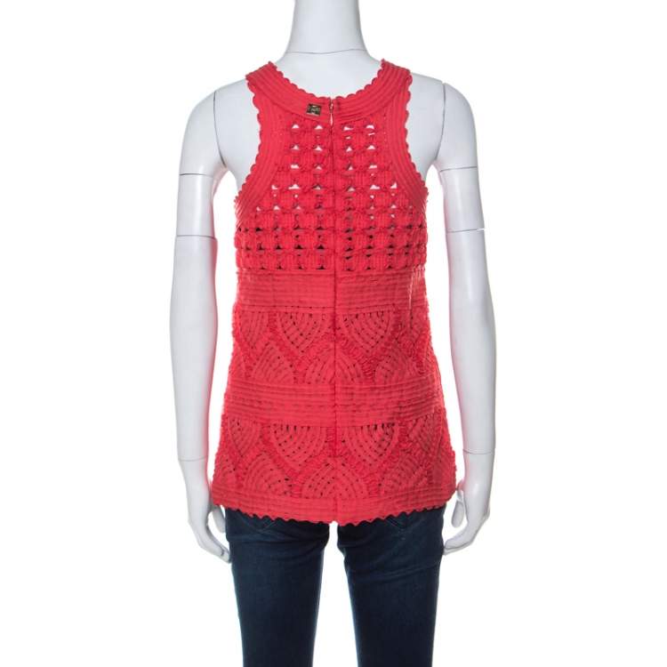 Pre Owned Cavalli Class Coral Red Cord Lace Embroidered Sleeveless Top M