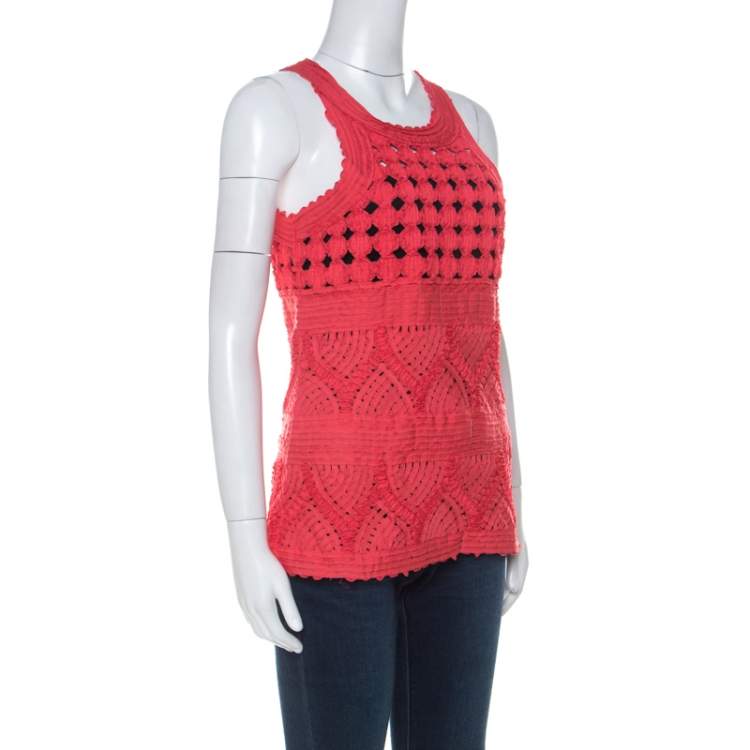 Pre Owned Cavalli Class Coral Red Cord Lace Embroidered Sleeveless Top M