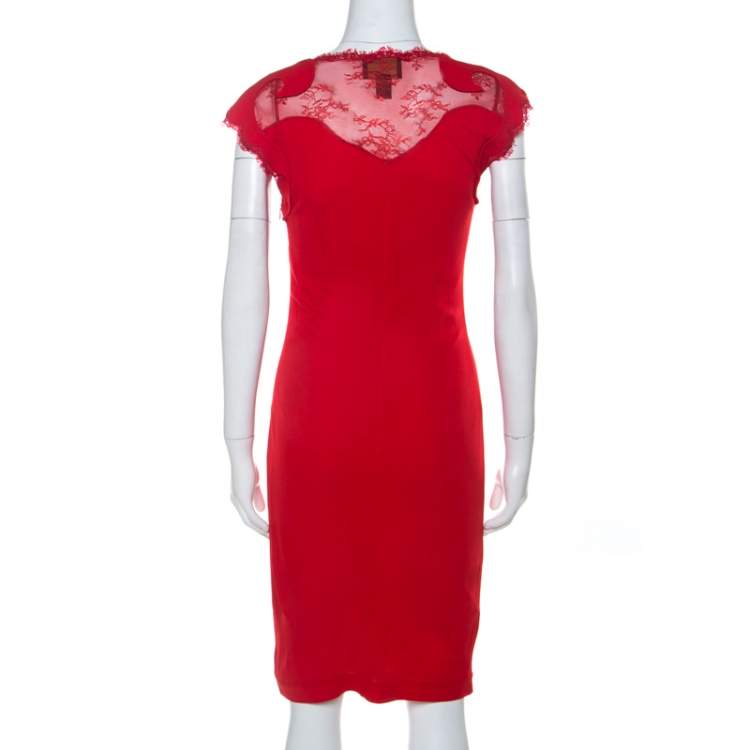Pre Owned Class By Roberto Cavalli Red Lace Insert Detail Sleeveless Dress M