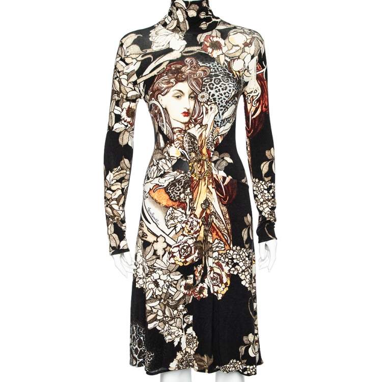 Pre Owned Class by Roberto Cavalli Black Printed Knit High Neck Midi Dress M