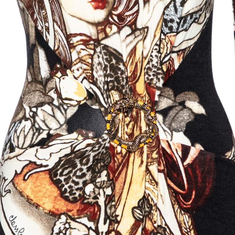 Pre Owned Class by Roberto Cavalli Black Printed Knit High Neck Midi Dress M