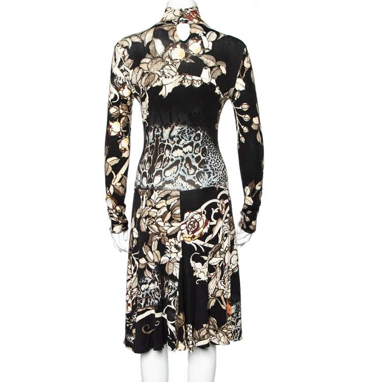 Pre Owned Class by Roberto Cavalli Black Printed Knit High Neck Midi Dress M