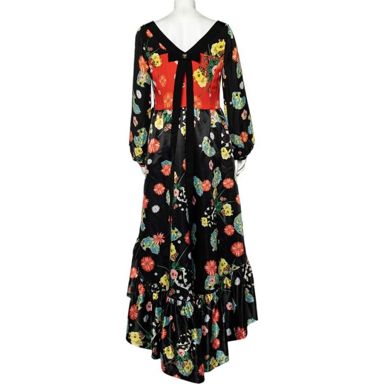 Pre Owned Cavalli Class Black Floral Printed Sateen And Crepe Paneled Ruffled Hem Gown M