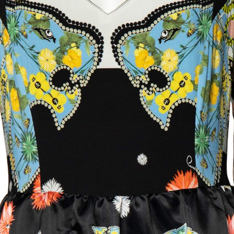 Pre Owned Cavalli Class Black Floral Printed Sateen And Crepe Paneled Ruffled Hem Gown M