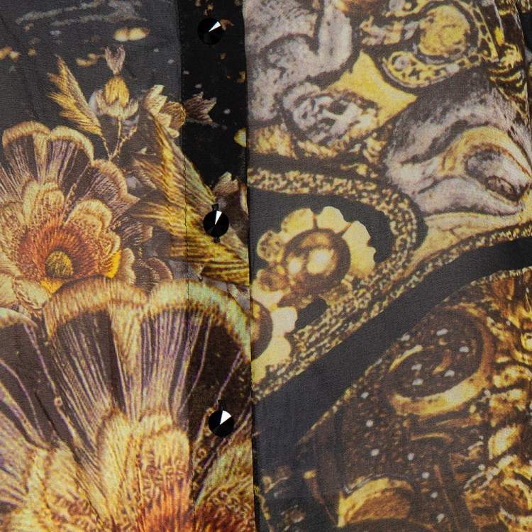 Pre Owned Class by Roberto Cavalli Black Printed Silk Ruffled Neck Button Front Top M 