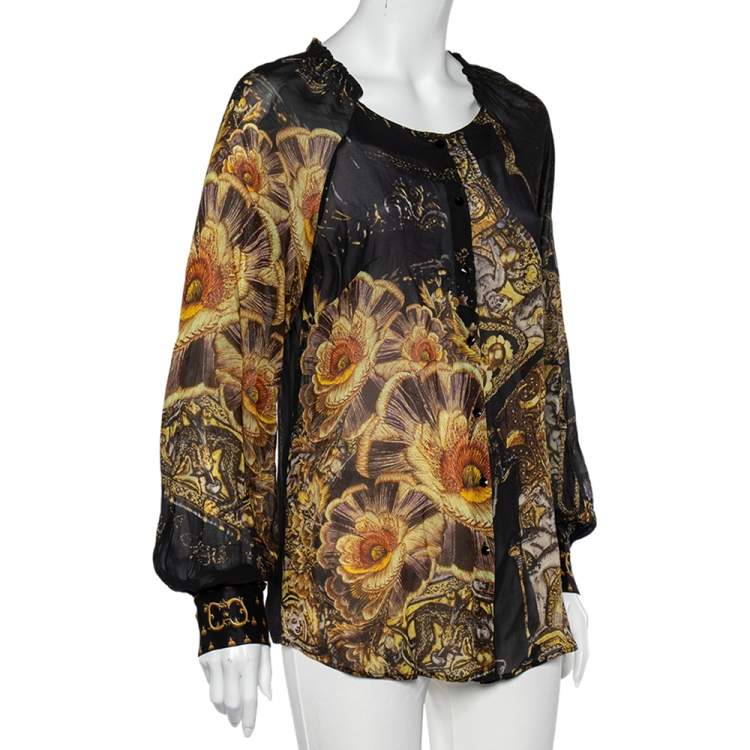 Pre Owned Class by Roberto Cavalli Black Printed Silk Ruffled Neck Button Front Top M 