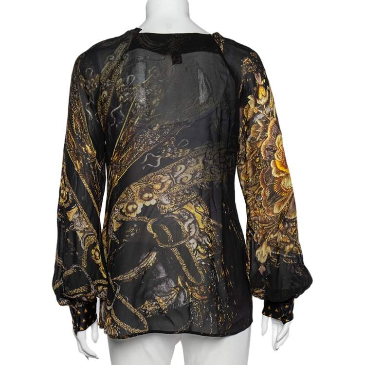 Pre Owned Class by Roberto Cavalli Black Printed Silk Ruffled Neck Button Front Top M 